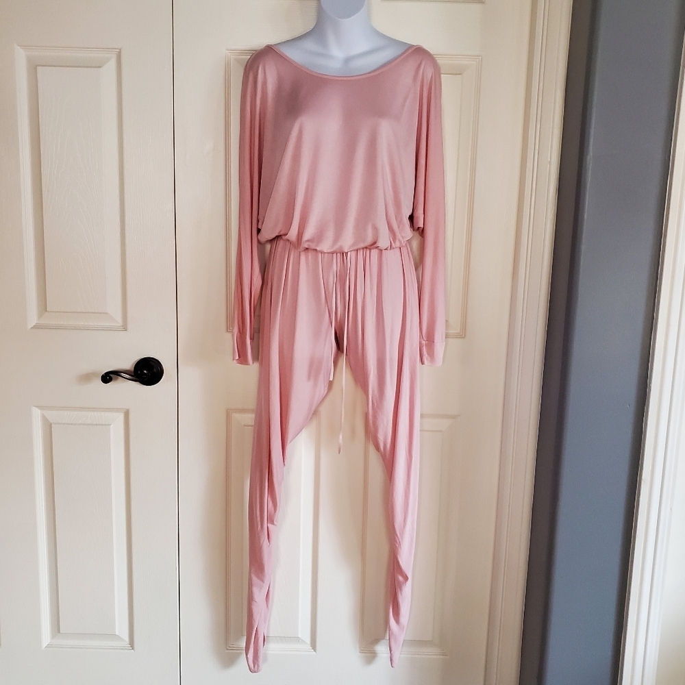 YFB Long Sleeves Pink Jumpsuit Jersey Laid-back Style Slit Legs Dolman Sleeve Sm